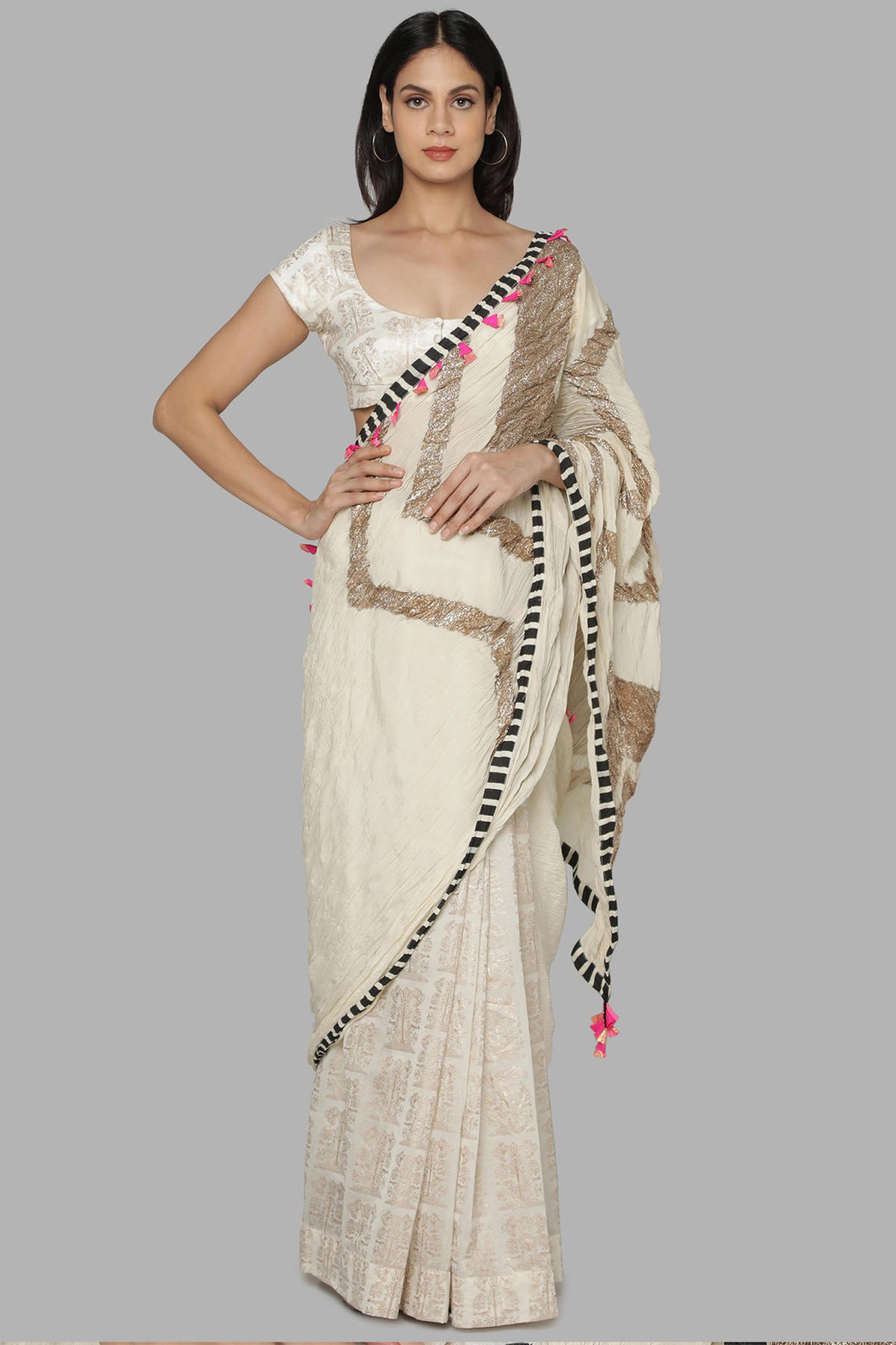 Masaba Ivory Bunch Of Birds Crinkle Gota Sari festive indian designer wear online shopping melange singapore