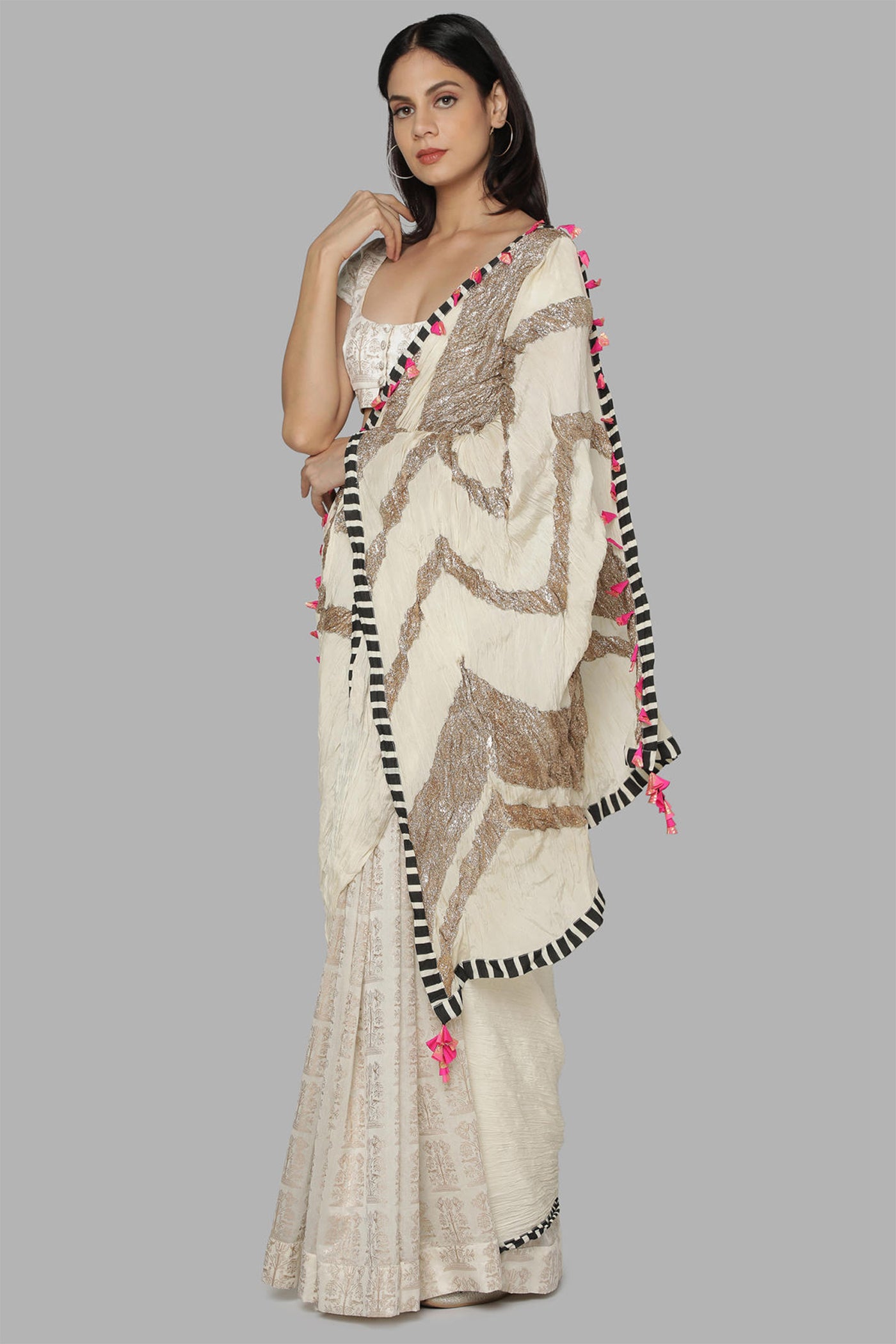 Masaba Ivory Bunch Of Birds Crinkle Gota Sari festive indian designer wear online shopping melange singapore