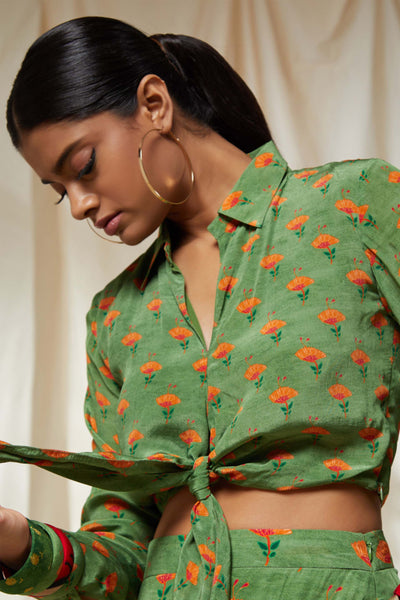 Masaba Mint Green Fan Flower Crop Knot Shirt Set loungewear indian designer wear online shopping melange singapore