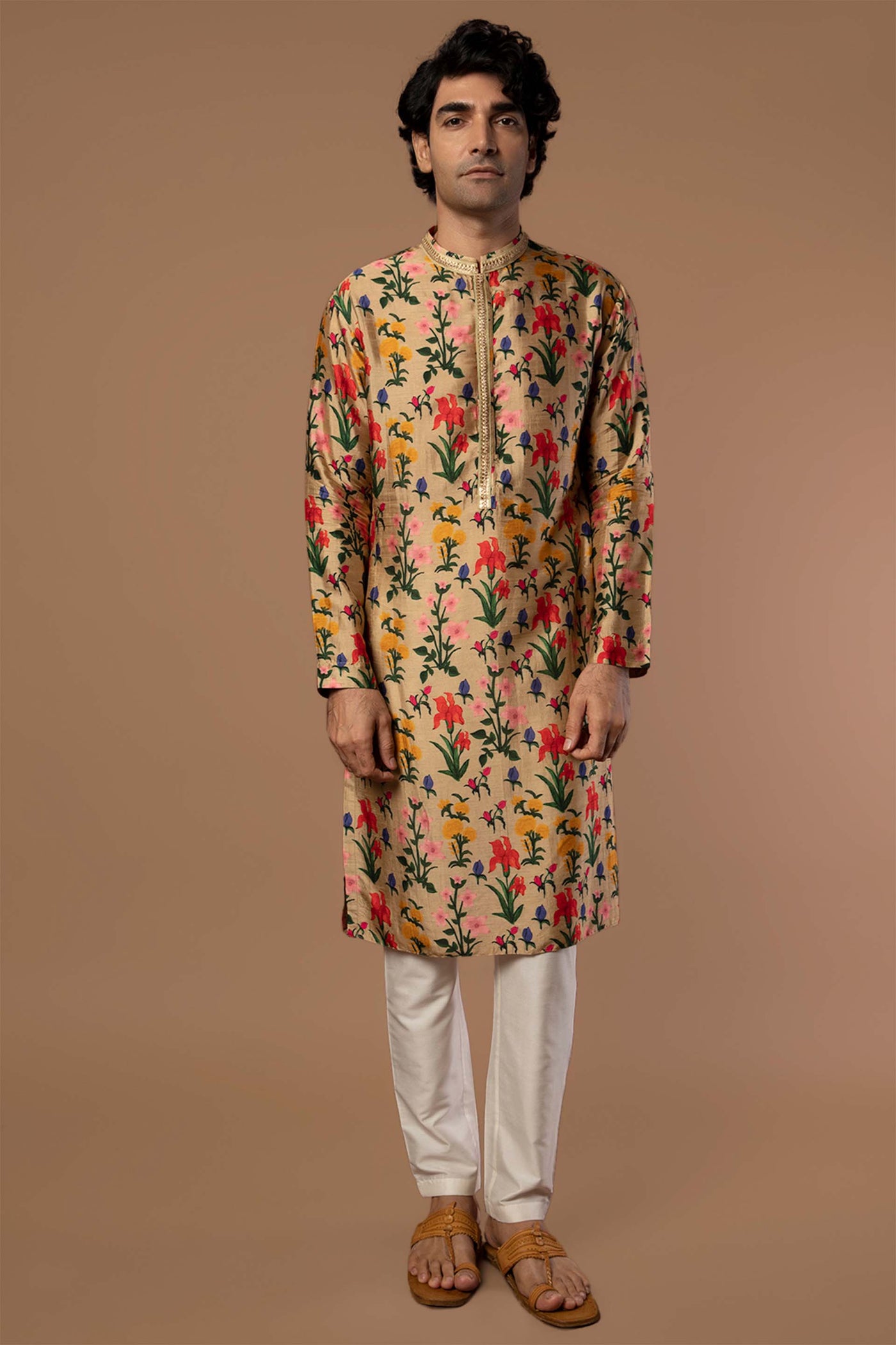 masaba menswear Oatmeal Autumn Bouquet Kurta beige festive indian designer wear men online shopping melange singapore