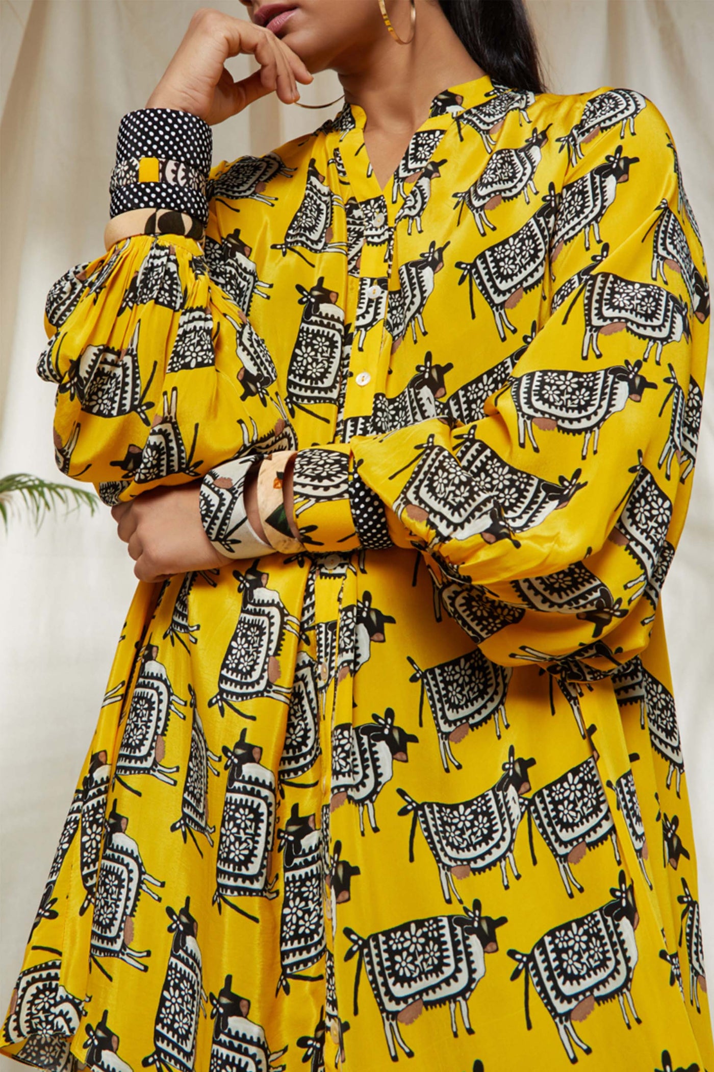masaba Yellow Blooming Cow Asymmetrical Shirt day western casual indian designer wear online shopping melange singapore