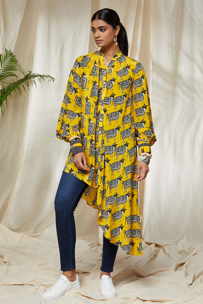 masaba Yellow Blooming Cow Asymmetrical Shirt day western casual indian designer wear online shopping melange singapore