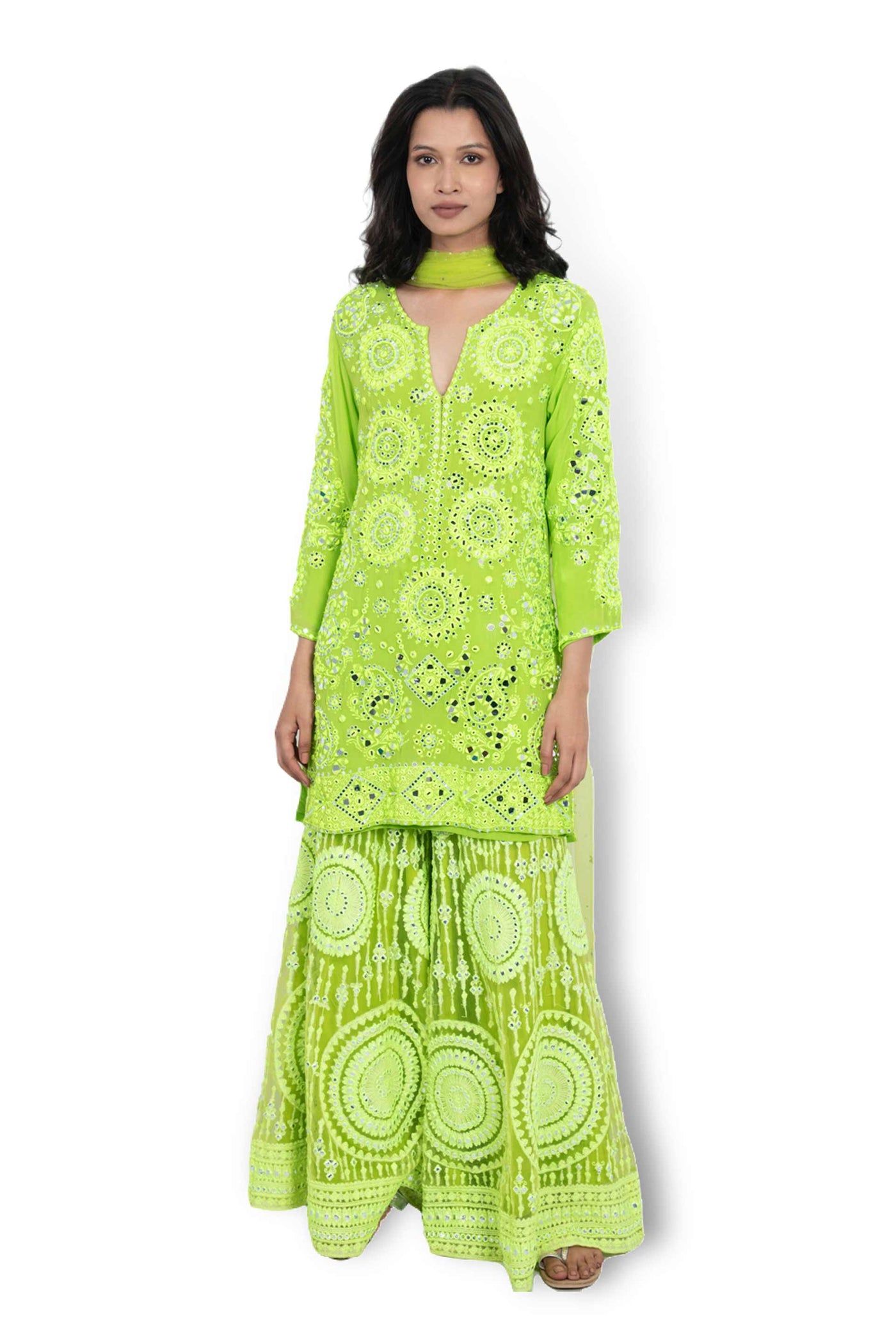 Monisha Jaising Neon Green Mirror Work Sharara festive indian designer wear online shopping melange singapore