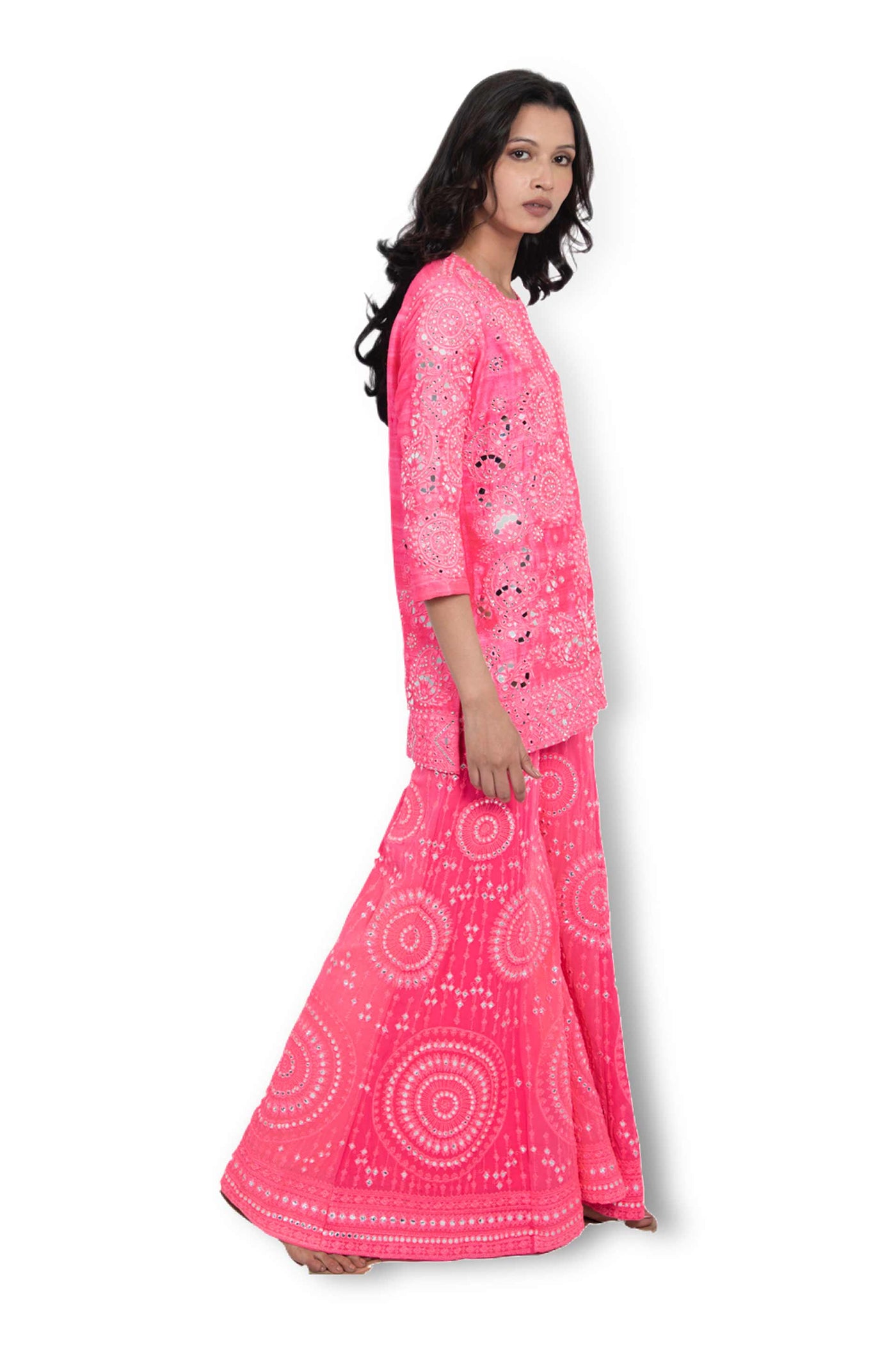 Monisha Jaising Neon Mirror Work Sharara pink festive indian designer wear online shopping melange singapore