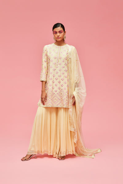 nachiket barve Bhuj Kutchi Mirrorwork Gota Applique Short Kurta With Gharara And Dupatta butter yellow  festive fusion Indian designer wear online shopping melange singapore