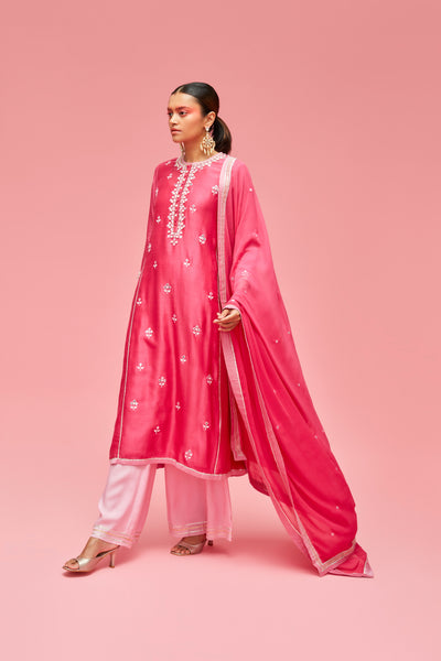 nachiket barve Bhuj Kutchi Mirrorwork Gota Applique Kurta With Slip And Palazzos And Dupatta fuchsia pink festive fusion Indian designer wear online shopping melange singapore