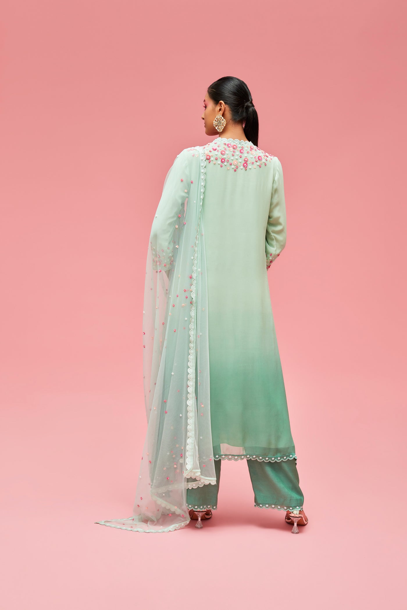 nachiket barve Izmir Embroidered Ombré Trapezium Kurta With Scallop Edge Palazzos And Izmir Tulle Dupatta mint jade festive fusion Indian designer wear online shopping melange singapore