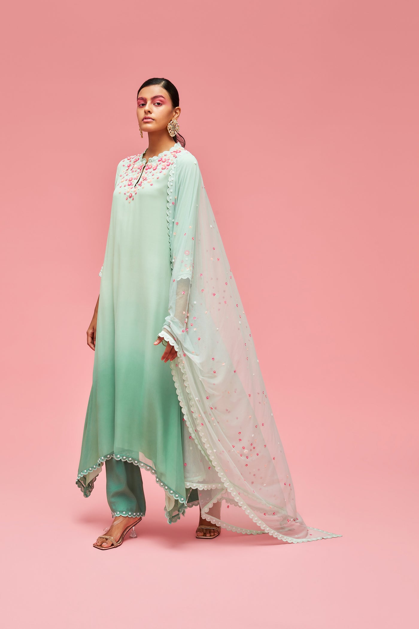 nachiket barve Izmir Embroidered Ombré Trapezium Kurta With Scallop Edge Palazzos And Izmir Tulle Dupatta mint jade festive fusion Indian designer wear online shopping melange singapore