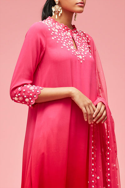 nachiket barve Izmir Embroidered Ombré Trapezium Kurta With Scallop Edge Palazzos And Izmir Tulle Dupatta pink red festive fusion Indian designer wear online shopping melange singapore