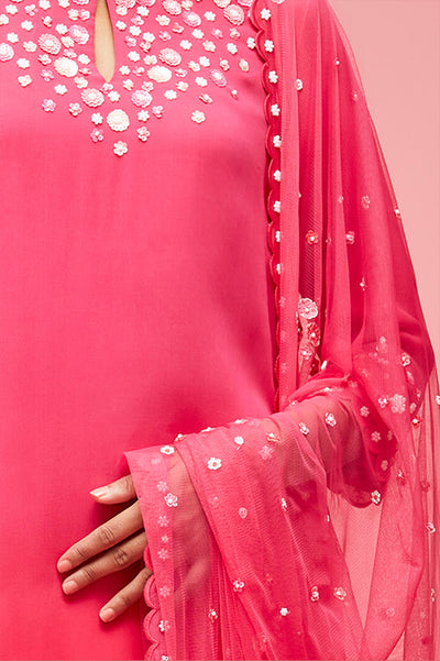 nachiket barve Izmir Embroidered Ombré Trapezium Kurta With Scallop Edge Palazzos And Izmir Tulle Dupatta pink red festive fusion Indian designer wear online shopping melange singapore