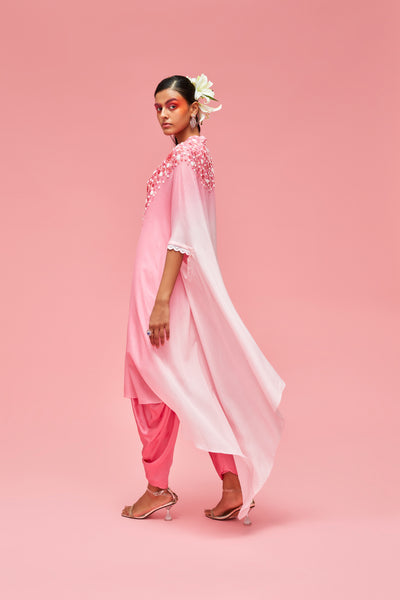 nachiket barve Izmir Embroidered Ombré Cape Jacket With Slip And Dhoti Pants baby pink to rose pink festive fusion Indian designer wear online shopping melange singapore