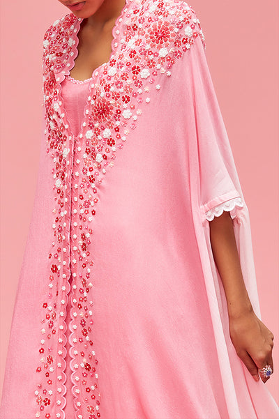 nachiket barve Izmir Embroidered Ombré Cape Jacket With Slip And Dhoti Pants baby pink to rose pink festive fusion Indian designer wear online shopping melange singapore