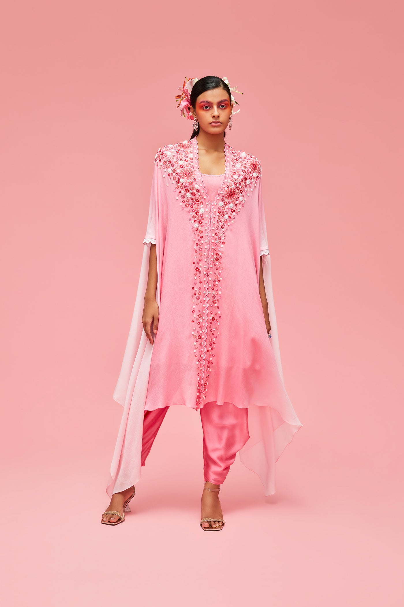 nachiket barve Izmir Embroidered Ombré Cape Jacket With Slip And Dhoti Pants baby pink to rose pink festive fusion Indian designer wear online shopping melange singapore