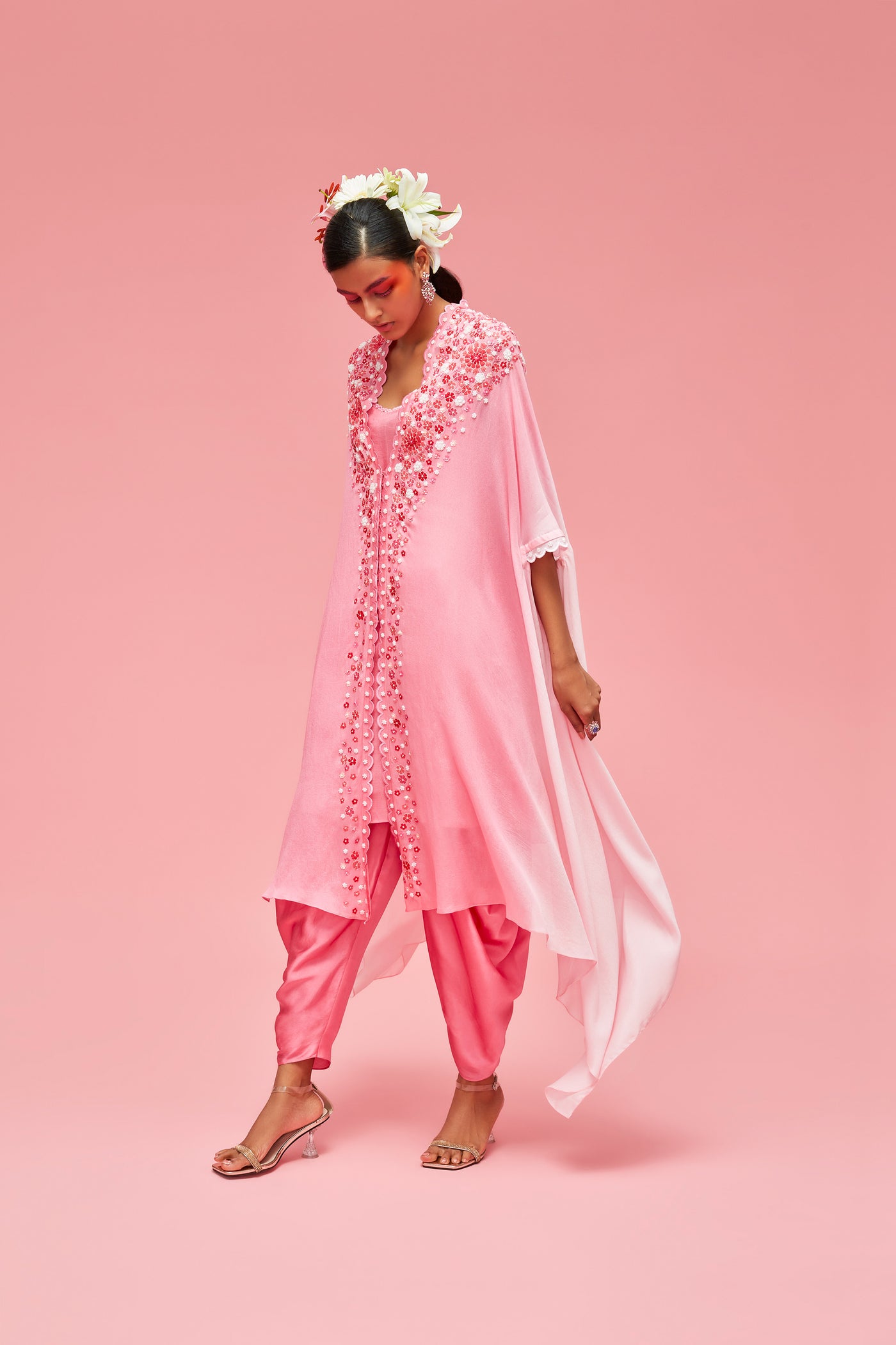 nachiket barve Izmir Embroidered Ombré Cape Jacket With Slip And Dhoti Pants baby pink to rose pink festive fusion Indian designer wear online shopping melange singapore