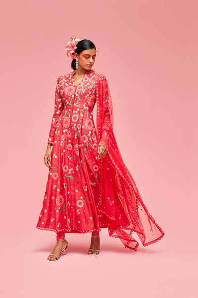 nachiket barve Izmir Embroidered Kalidar Kurta With Slip And Scallop Edge Palazzos And Ombré Scallop Edge Dupatta red festive fusion Indian designer wear online shopping melange singapore