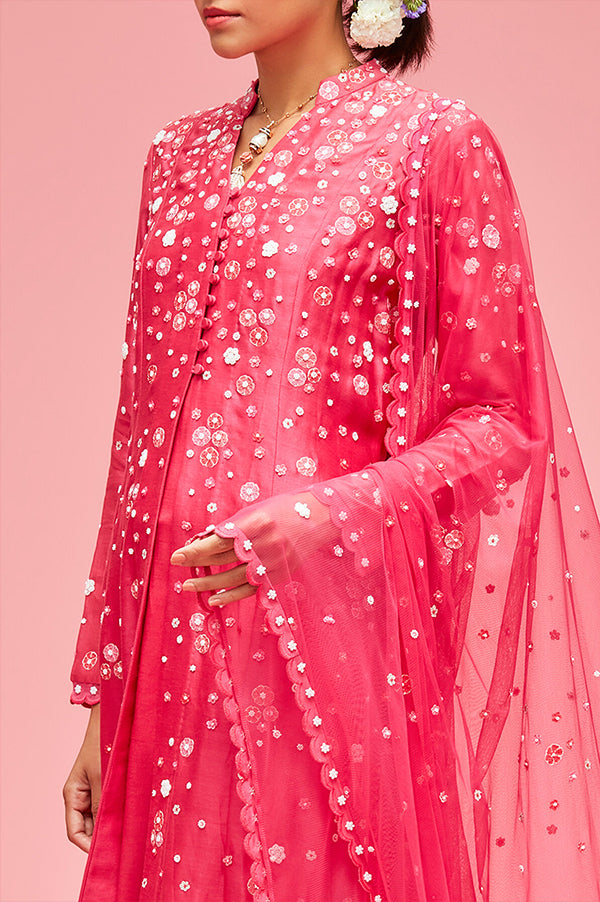 nachiket barve Izmir Embroidered Kalidar Kurta With Slip And Scallop Edge Palazzos And Izmir Tulle Dupatta fuchsia pink festive fusion Indian designer wear online shopping melange singapore