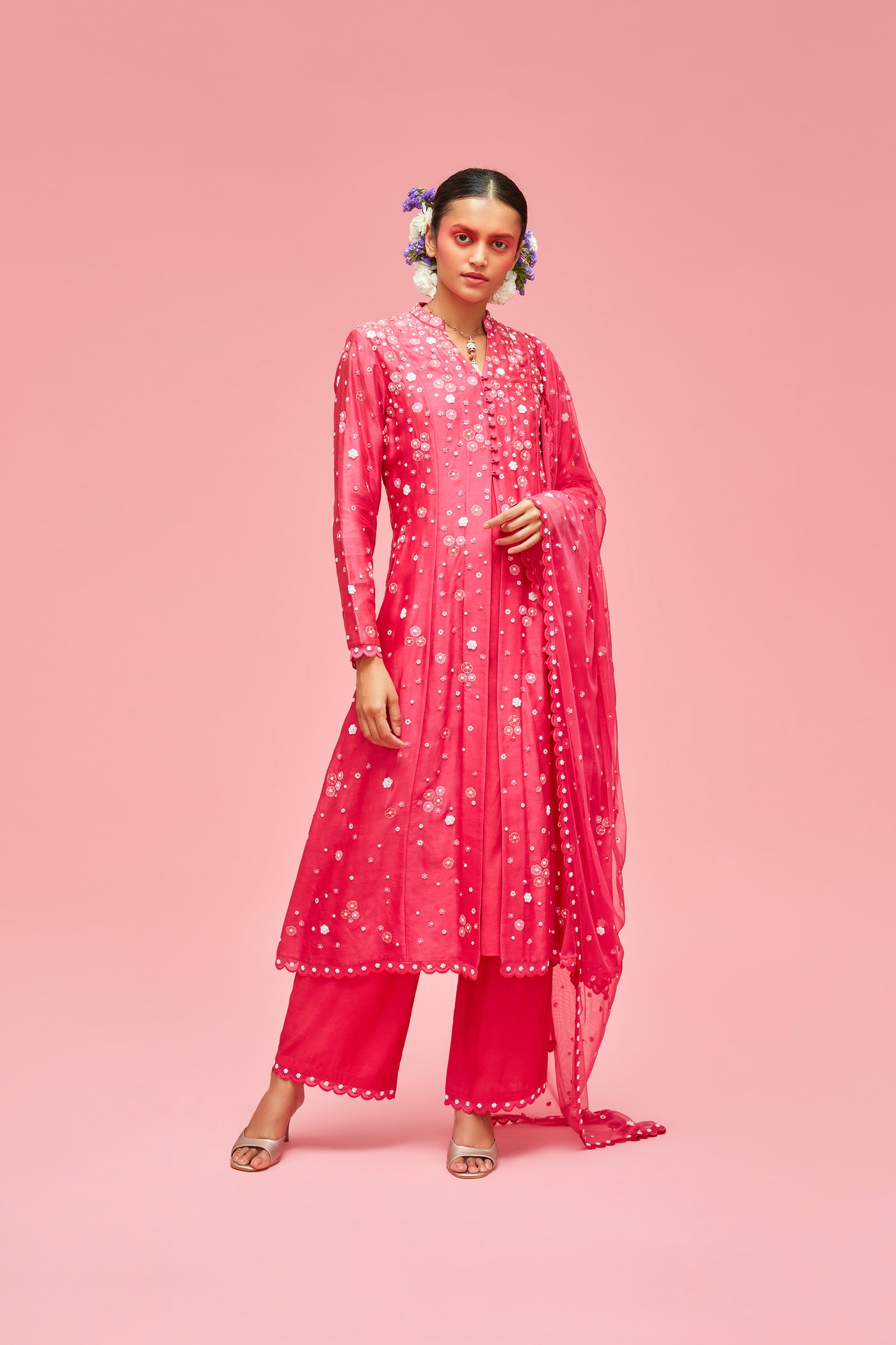 nachiket barve Izmir Embroidered Kalidar Kurta With Slip And Scallop Edge Palazzos And Izmir Tulle Dupatta fuchsia pink festive fusion Indian designer wear online shopping melange singapore