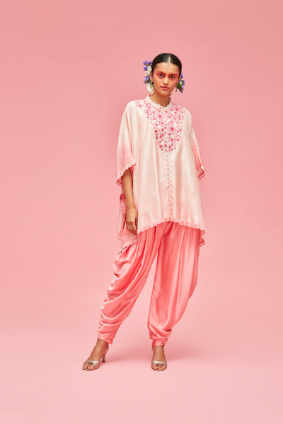 nachiket barve Izmir Yoke Embroidered Poncho Top With Slip And Dhoti Pants peach gelato festive fusion Indian designer wear online shopping melange singapore