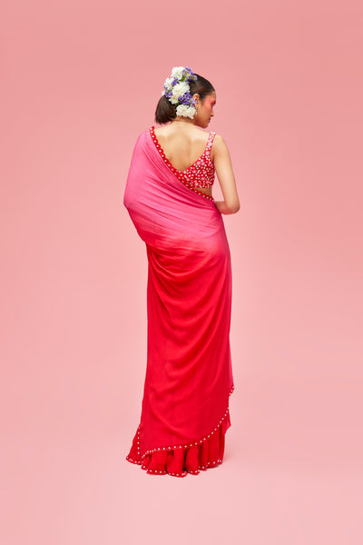 nachiket barve Ombré Pre-stitched Scallop Edge Sari With Izmir Embroidered Blouse red pink festive fusion Indian designer wear online shopping melange singapore