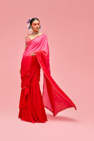 nachiket barve Ombré Pre-stitched Scallop Edge Sari With Izmir Embroidered Blouse red pink festive fusion Indian designer wear online shopping melange singapore