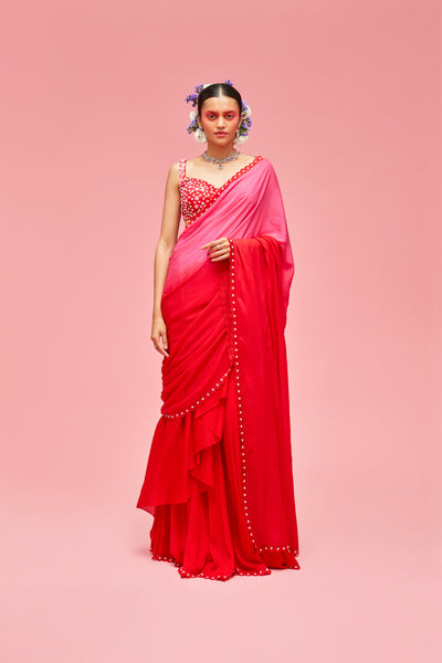 nachiket barve Ombré Pre-stitched Scallop Edge Sari With Izmir Embroidered Blouse red pink festive fusion Indian designer wear online shopping melange singapore