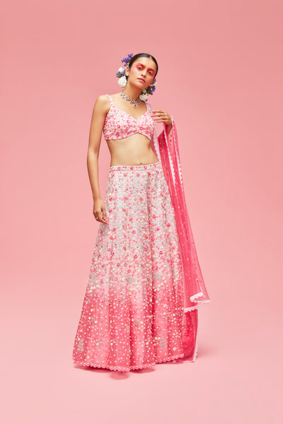 nachiket barve Nishat Bagh Embroidered Ombré Lehenga With Blouse And Dupatta baby pink to rose pink festive fusion Indian designer wear online shopping melange singapore