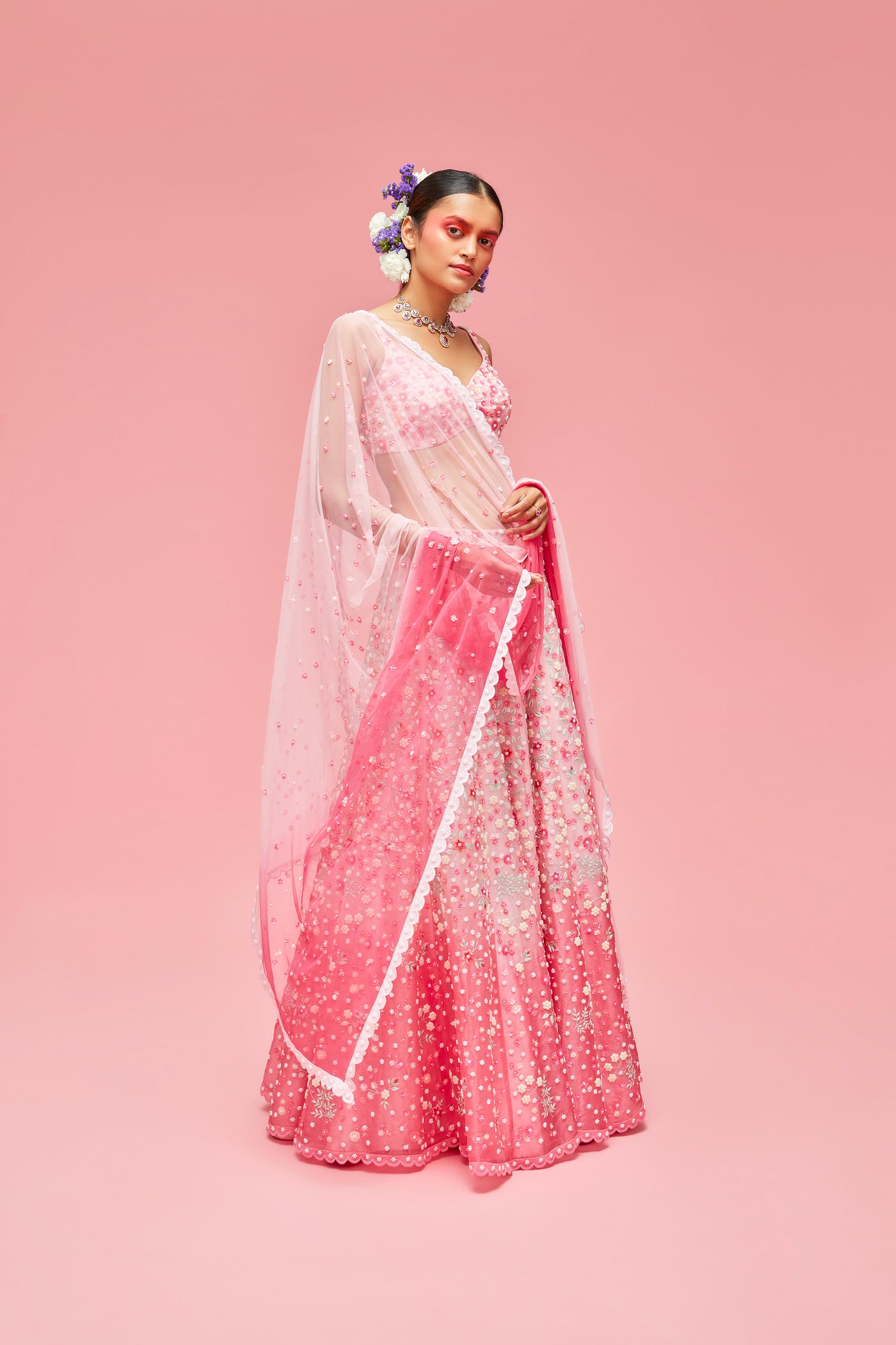 nachiket barve Nishat Bagh Embroidered Ombré Lehenga With Blouse And Dupatta baby pink to rose pink festive fusion Indian designer wear online shopping melange singapore