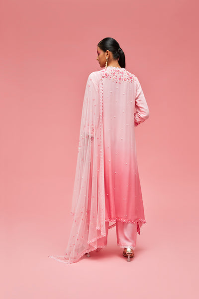 nachiket barve Izmir Embroidered Scatttered Pearl Ombré Trapezium Kurta With Scallop Edge Palazzos And Izmir Tulle Dupatta baby pink to rose pink festive fusion Indian designer wear online shopping melange singapore