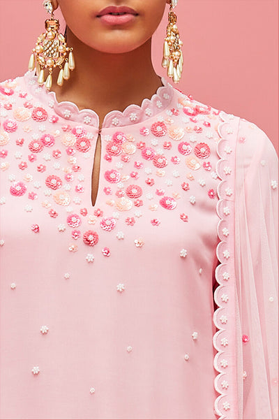 nachiket barve Izmir Embroidered Scatttered Pearl Ombré Trapezium Kurta With Scallop Edge Palazzos And Izmir Tulle Dupatta baby pink to rose pink festive fusion Indian designer wear online shopping melange singapore
