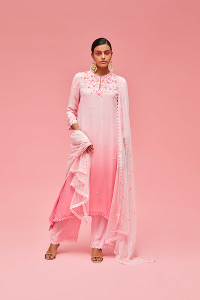 nachiket barve Izmir Embroidered Scatttered Pearl Ombré Trapezium Kurta With Scallop Edge Palazzos And Izmir Tulle Dupatta baby pink to rose pink festive fusion Indian designer wear online shopping melange singapore