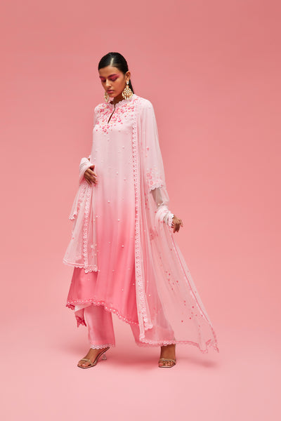 nachiket barve Izmir Embroidered Scatttered Pearl Ombré Trapezium Kurta With Scallop Edge Palazzos And Izmir Tulle Dupatta baby pink to rose pink festive fusion Indian designer wear online shopping melange singapore