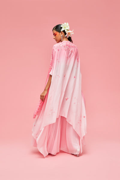 nachiket barve Izmir Embroidered Ombré Cape Jacket With Embroidered Bustier And Sharara baby pink to rose pink festive fusion Indian designer wear online shopping melange singapore