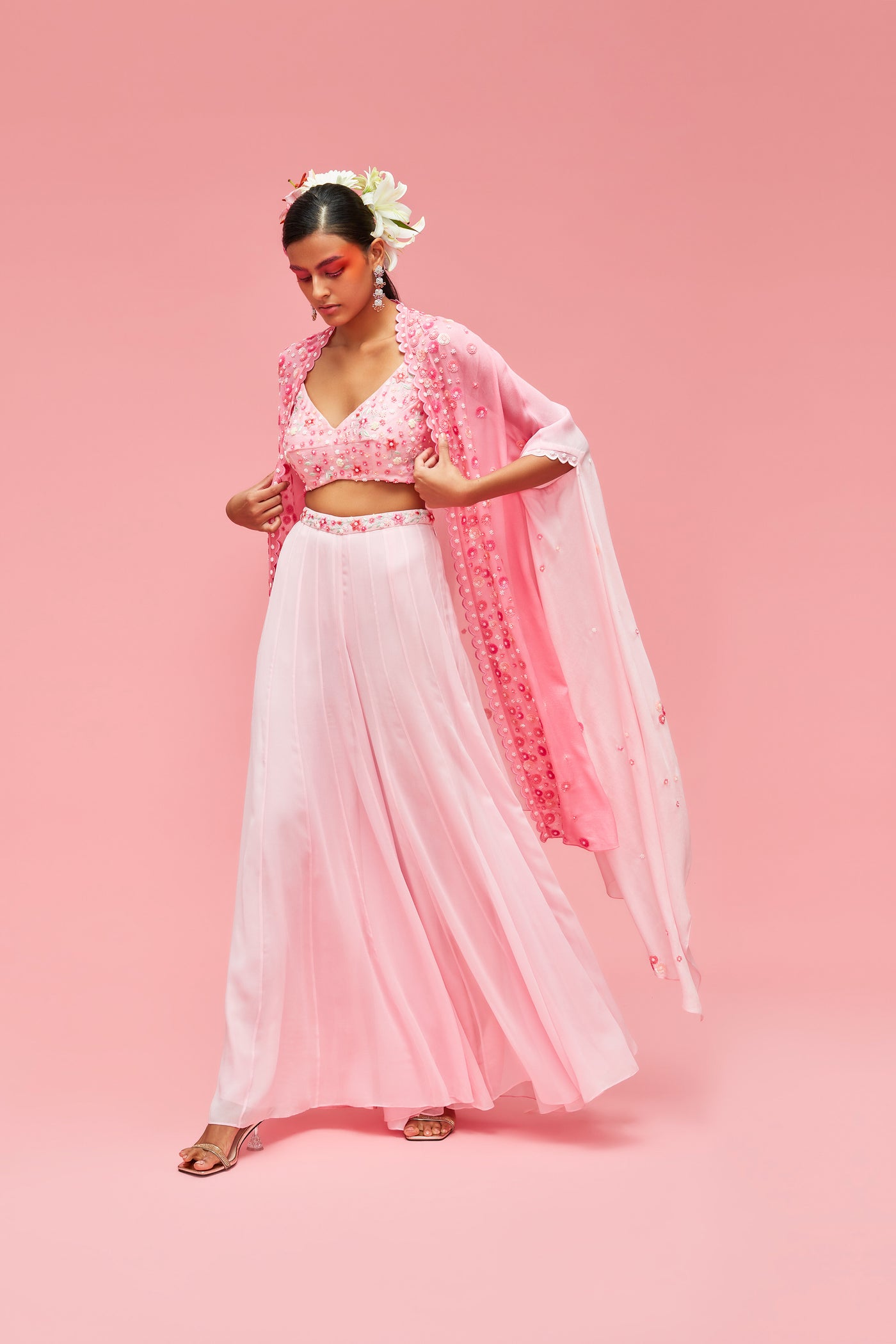 nachiket barve Izmir Embroidered Ombré Cape Jacket With Embroidered Bustier And Sharara baby pink to rose pink festive fusion Indian designer wear online shopping melange singapore