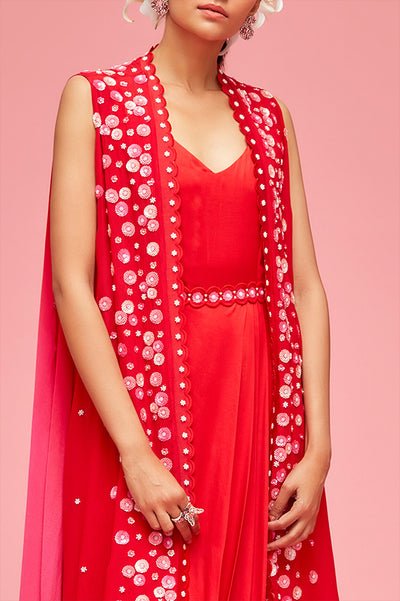 nachiket barve Izmir Embroidered Ombré Cape Jacket With Satin Draped Dress red pink festive fusion Indian designer wear online shopping melange singapore