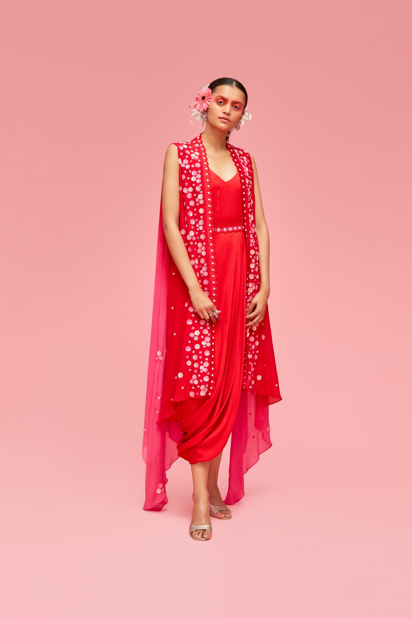 nachiket barve Izmir Embroidered Ombré Cape Jacket With Satin Draped Dress red pink festive fusion Indian designer wear online shopping melange singapore