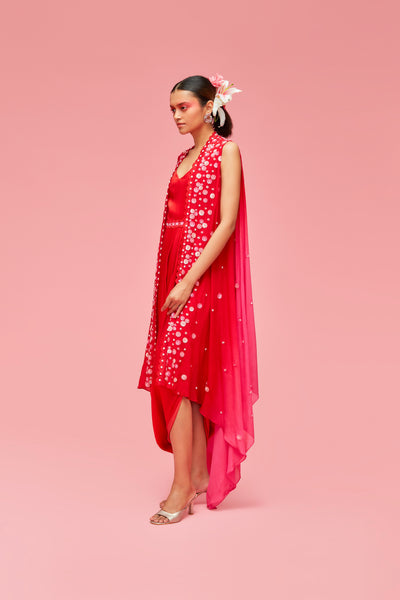 nachiket barve Izmir Embroidered Ombré Cape Jacket With Satin Draped Dress red pink festive fusion Indian designer wear online shopping melange singapore