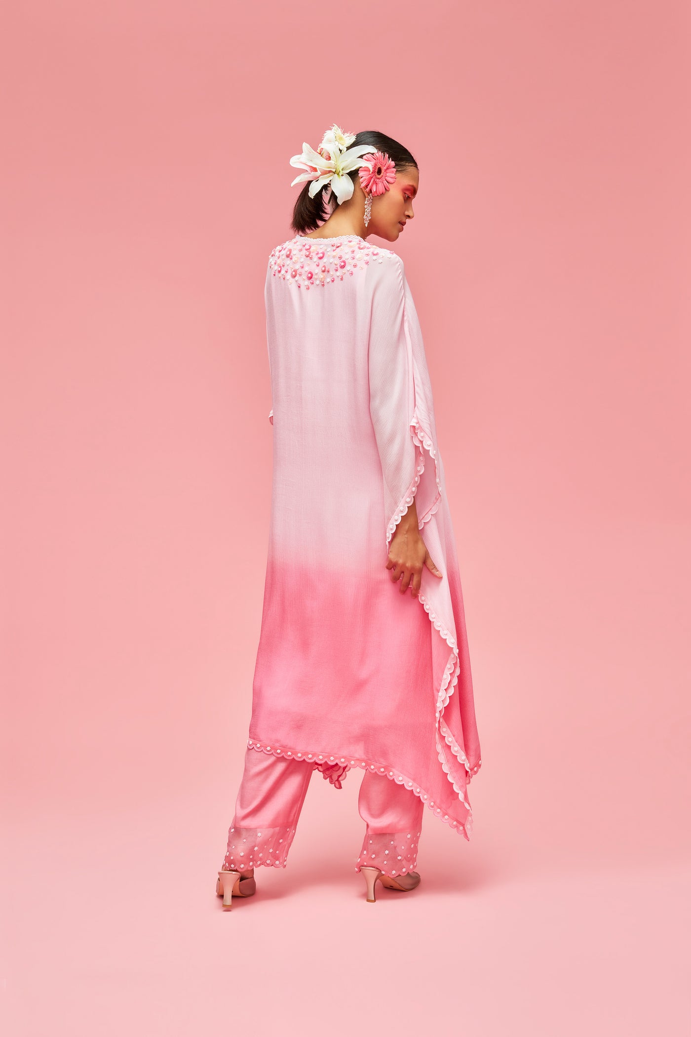 nachiket barve Izmir Embroidered Ombré Kaftan With Slip And Encrusted Pearl Scallop Edged Palazzos baby pink to rose pink  festive fusion Indian designer wear online shopping melange singapore