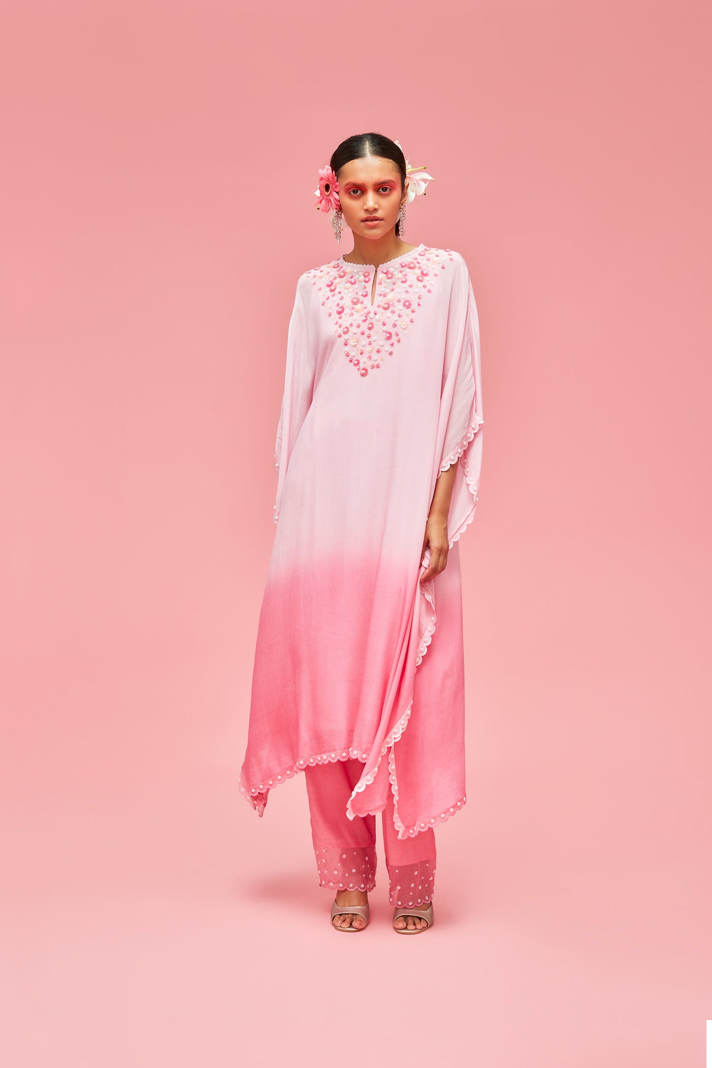 nachiket barve Izmir Embroidered Ombré Kaftan With Slip And Encrusted Pearl Scallop Edged Palazzos baby pink to rose pink  festive fusion Indian designer wear online shopping melange singapore