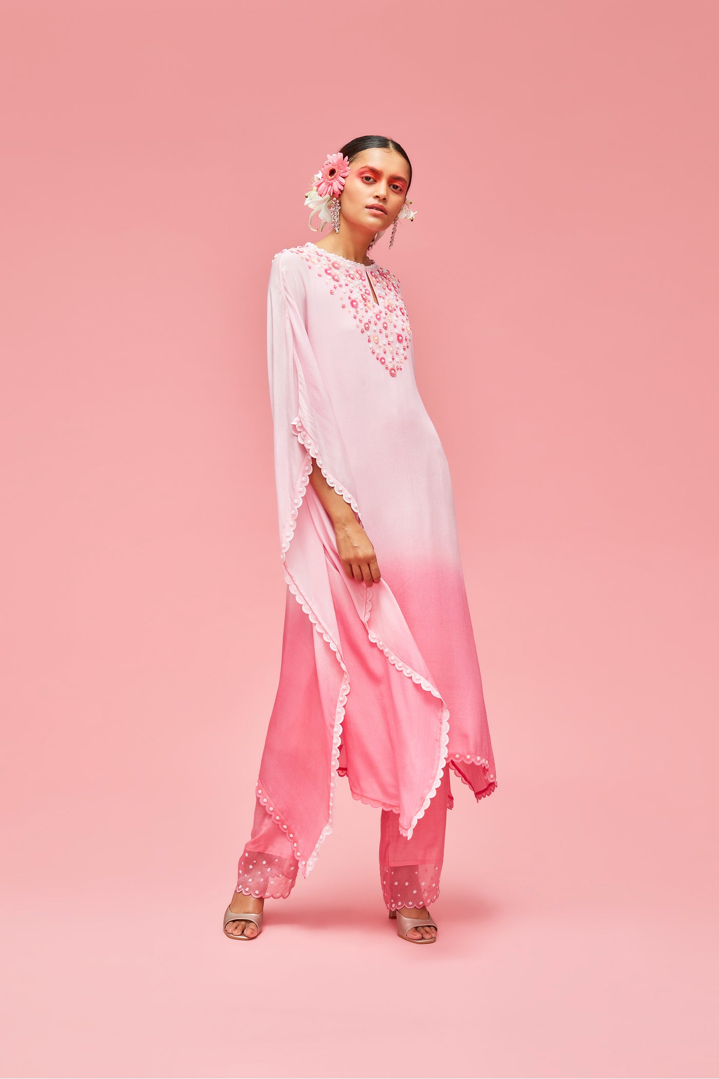 nachiket barve Izmir Embroidered Ombré Kaftan With Slip And Encrusted Pearl Scallop Edged Palazzos baby pink to rose pink  festive fusion Indian designer wear online shopping melange singapore
