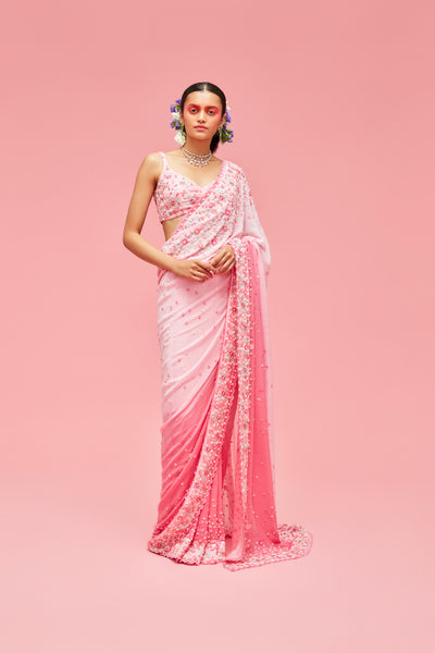 nachiket barve Nishat Bagh Ombré Sari And Embroidered Blouse baby pink to rose pink festive fusion Indian designer wear online shopping melange singapore