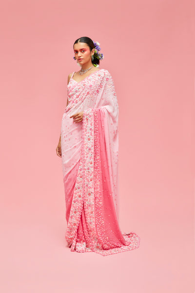 nachiket barve Nishat Bagh Ombré Sari And Embroidered Blouse baby pink to rose pink festive fusion Indian designer wear online shopping melange singapore