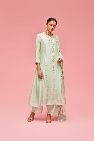 nachiket barve Bhuj Kutchi Mirrorwork Gota Applique Kurta With Slip And Palazzos And Dupatta mint festive fusion Indian designer wear online shopping melange singapore