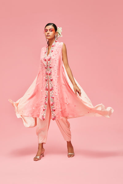 nachiket barve Nishat Bagh Ombré Cape Jacket And Bustier With Dhoti Pants peach gelato festive fusion Indian designer wear online shopping melange singapore