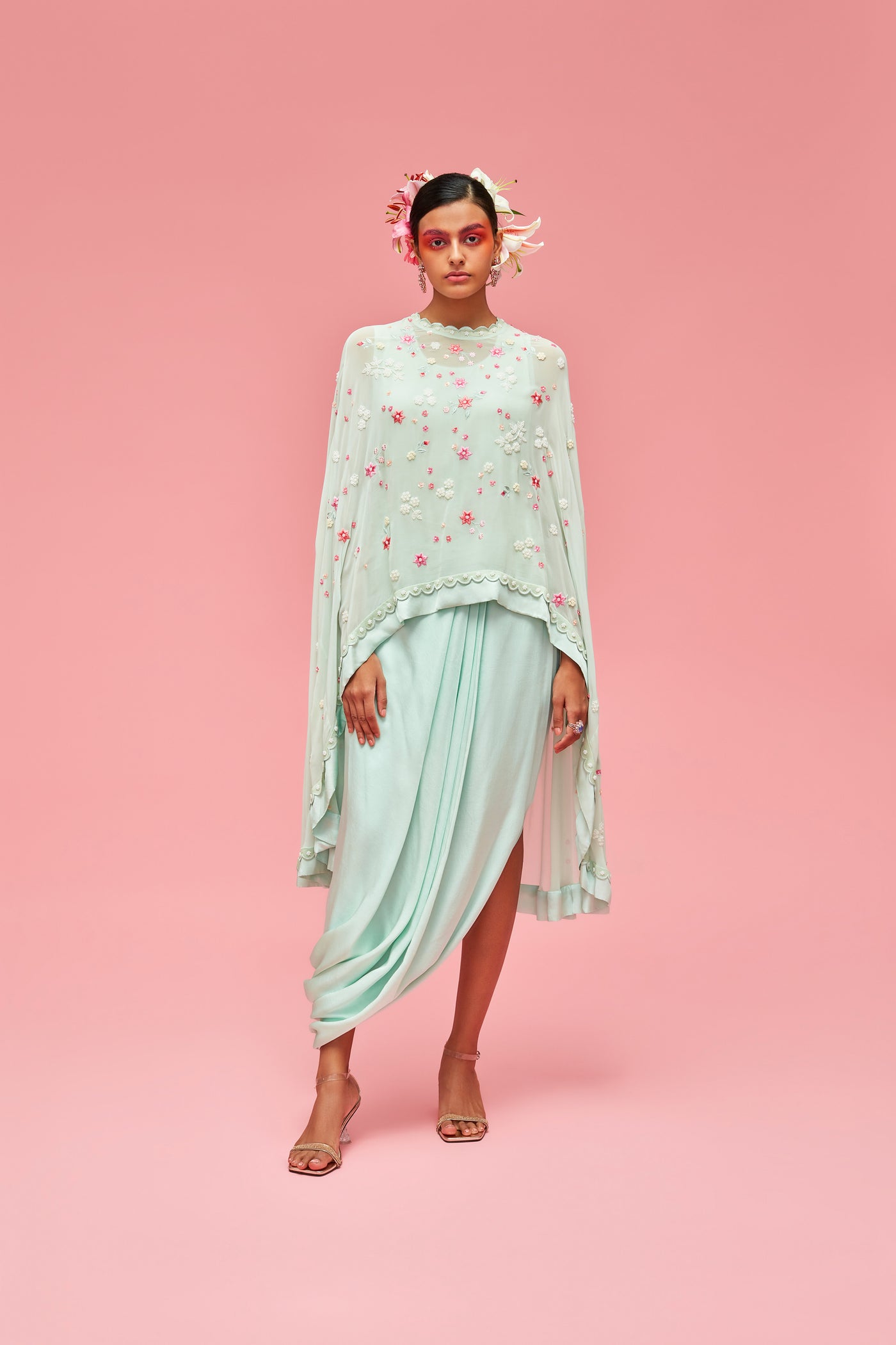 nachiket barve Nishat Bagh Embroidered High Low Cape With Slip And Draped Skirt festive fusion Indian designer wear online shopping melange singapore
