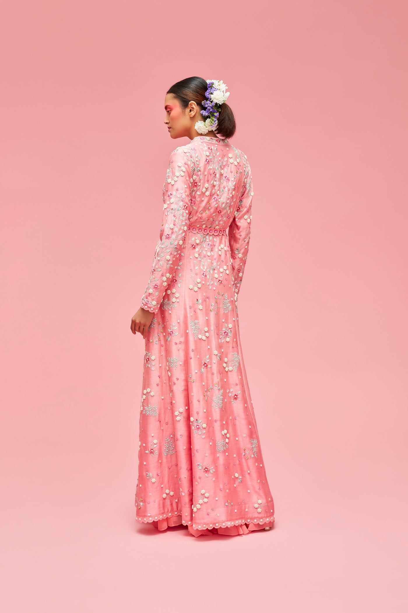 nachiket barve Nishat Bagh Kalidar Jacket With Embrodiered Bustier And Sharara With Belt peach gelato festive fusion Indian designer wear online shopping melange singapore