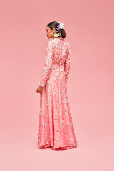 nachiket barve Nishat Bagh Kalidar Jacket With Embrodiered Bustier And Sharara With Belt peach gelato festive fusion Indian designer wear online shopping melange singapore