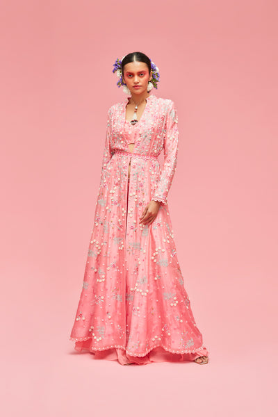 nachiket barve Nishat Bagh Kalidar Jacket With Embrodiered Bustier And Sharara With Belt peach gelato festive fusion Indian designer wear online shopping melange singapore