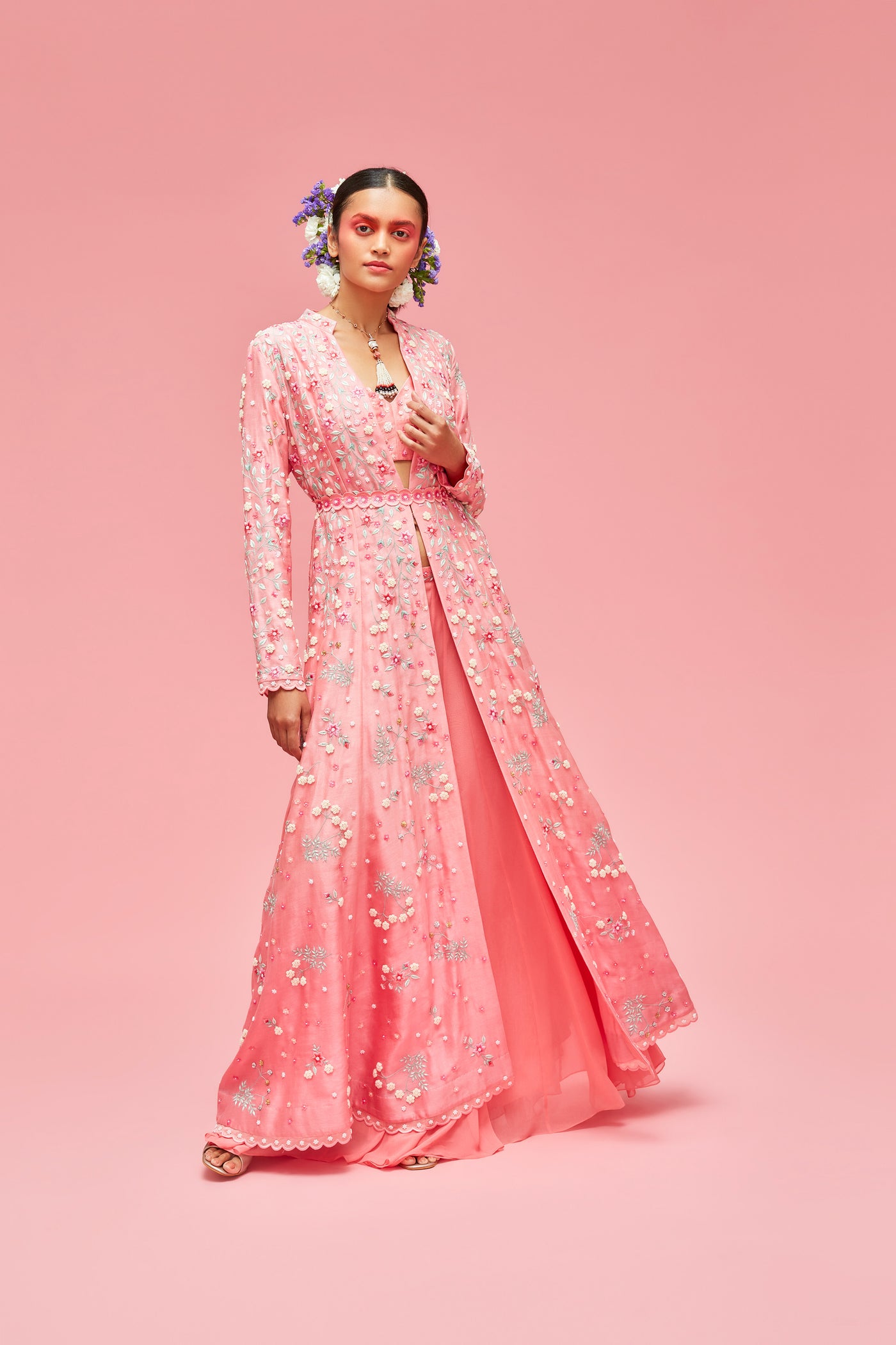 nachiket barve Nishat Bagh Kalidar Jacket With Embrodiered Bustier And Sharara With Belt peach gelato festive fusion Indian designer wear online shopping melange singapore