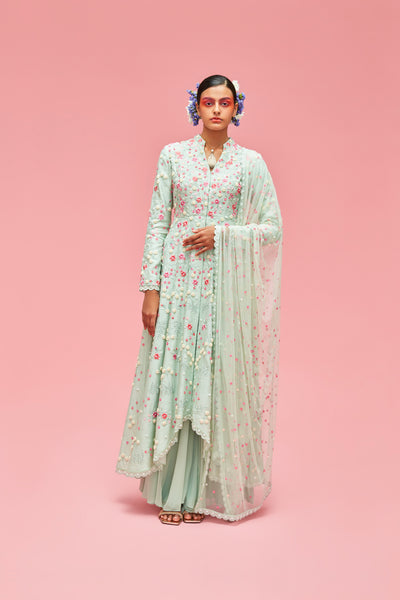 nachiket barve Nishat Bagh Kalidar Kurta With Sharara And Izmir Tulle Dupatta mint festive fusion Indian designer wear online shopping melange singapore