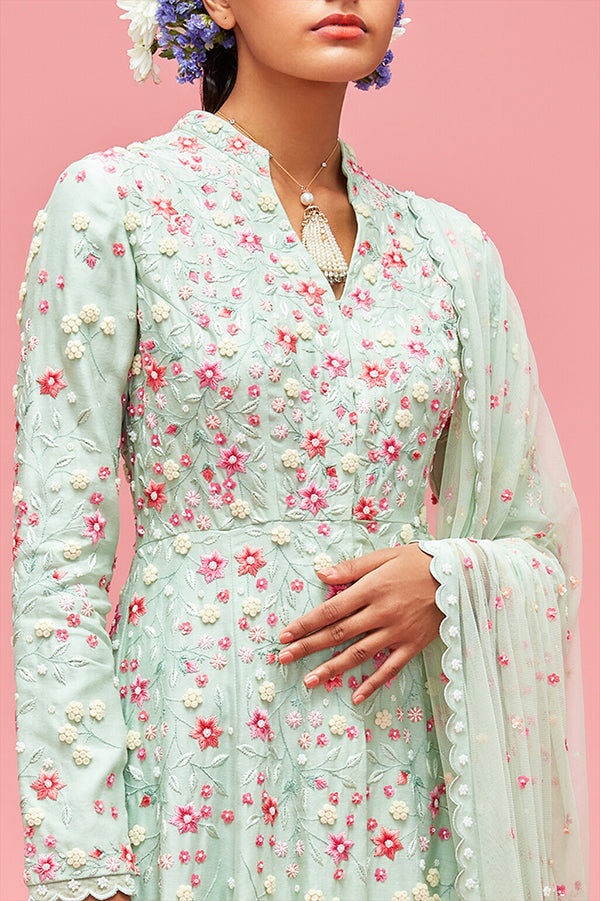 nachiket barve Nishat Bagh Kalidar Kurta With Sharara And Izmir Tulle Dupatta mint festive fusion Indian designer wear online shopping melange singapore